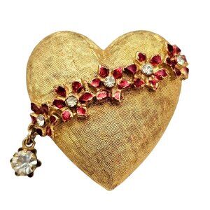 MYLU Gold Tone Heart Brooch Rhinestone Red Enamel Flower Dangle Pin Signed, C833